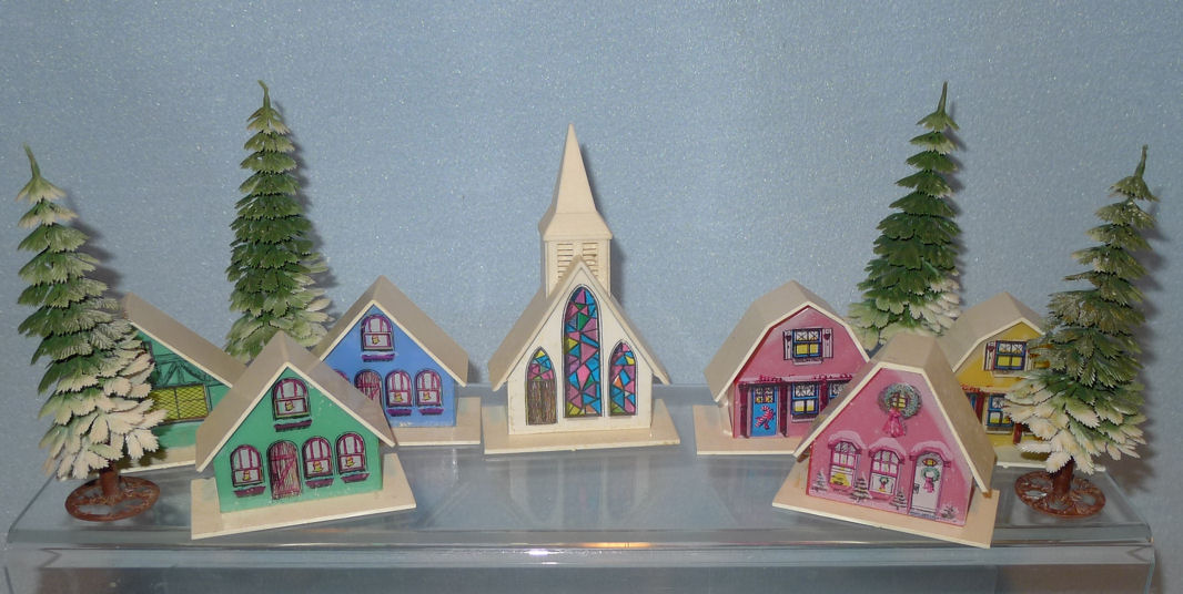 11 Piece Lot of Vintage Hard Plastic Christmas Village Houses &amp; Church